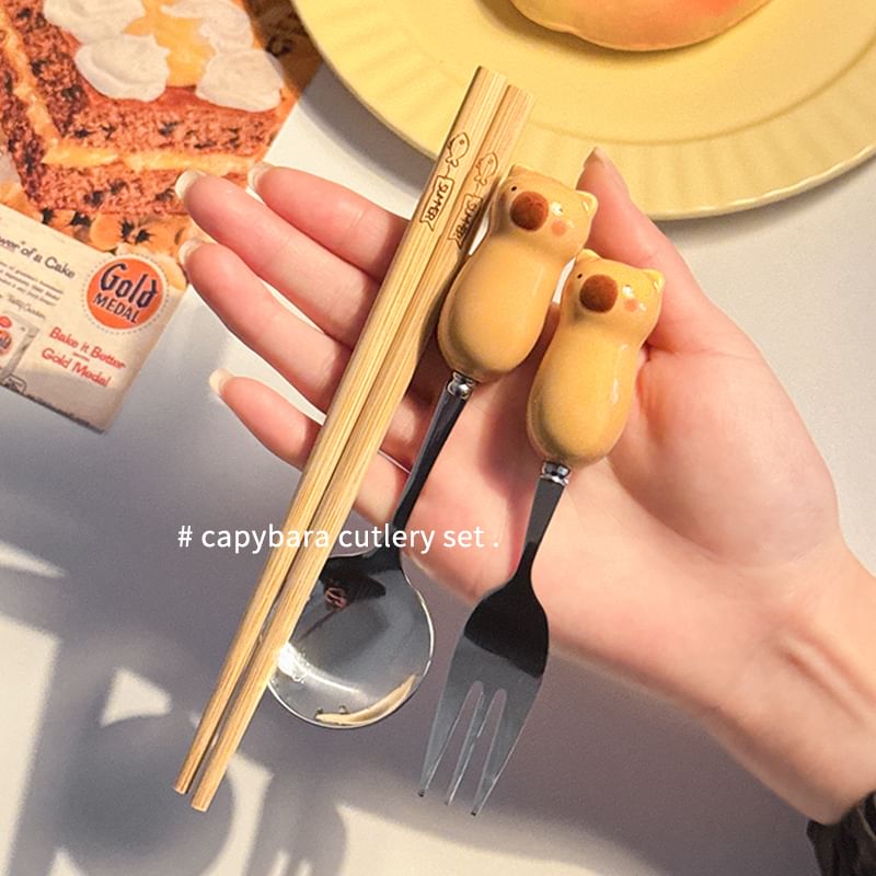 Candy Lemon - Capybara roestvrijstalen lepel / vork / houten eetstokjes / doos / set