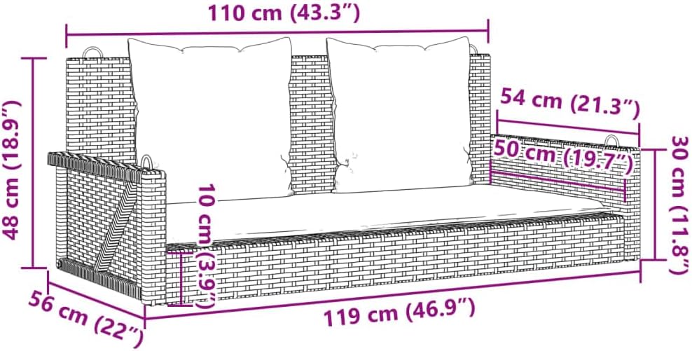 vidaXL Hängebank mit Kissen, Hängeschaukel mit Befestigungsringen, Schaukelbank für Außenbereich, Gartenschaukel, Modern, Grau Poly Rattan