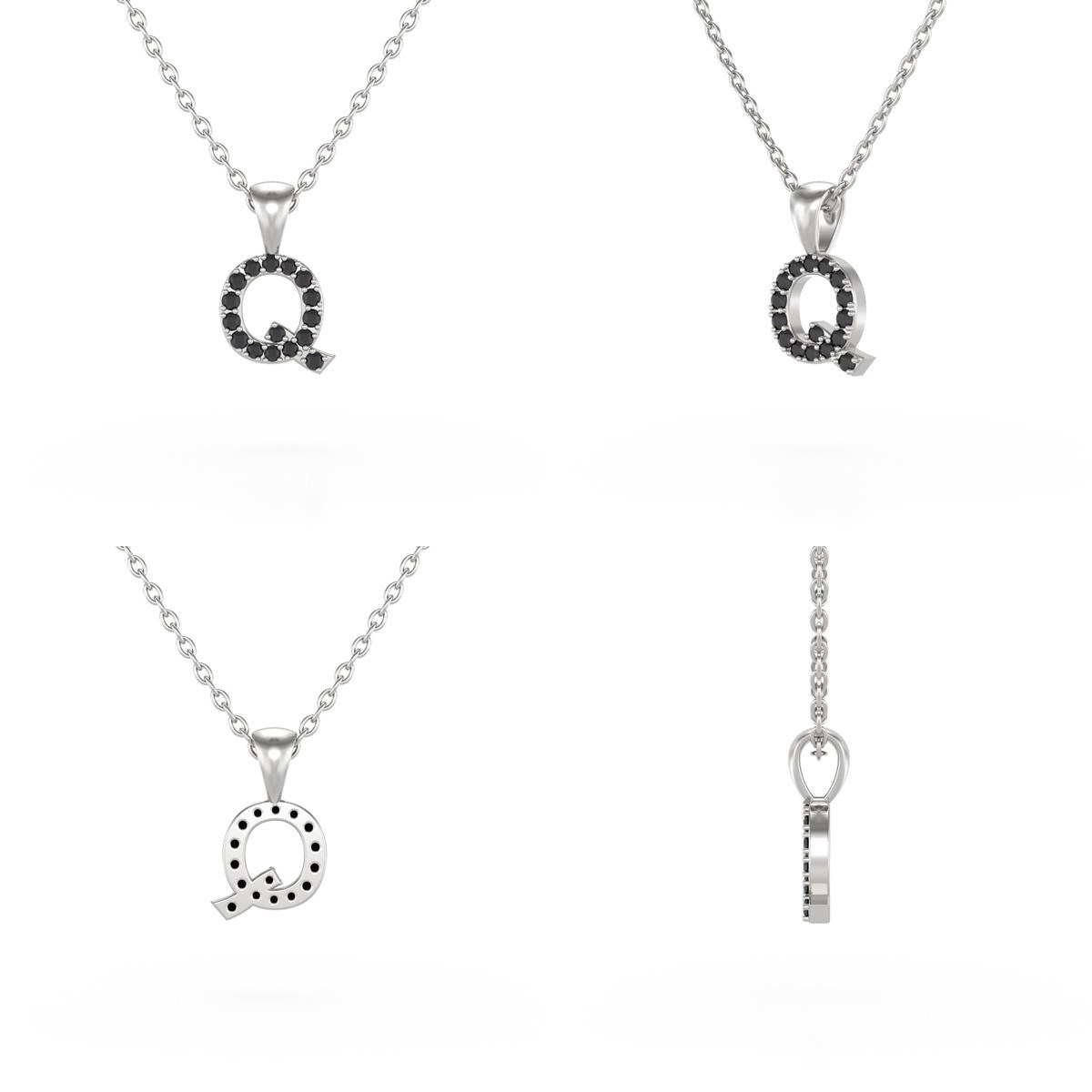 Collier Pendentif ADEN Lettre Q Or 750 Blanc Diamant Noir Chaine Or 750 incluse 0.72grs