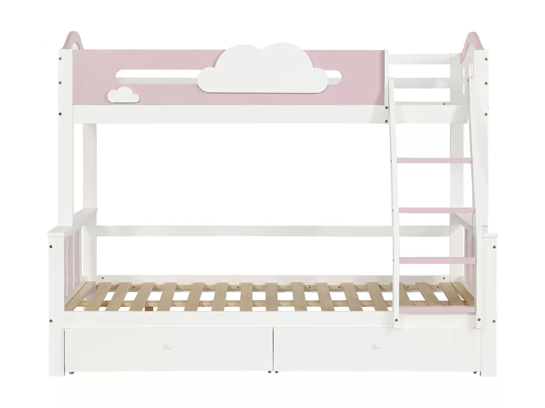 Lit superposé, lit d'enfant,avec barrière de sécurité de couleur contrastée,avec fenêtre,avec décoration de nuages,avec échelle inclinée à quatre marches et tiroirs,pin+MDF,blanc+rose,90x200cm+120x200cm,Sans matelas