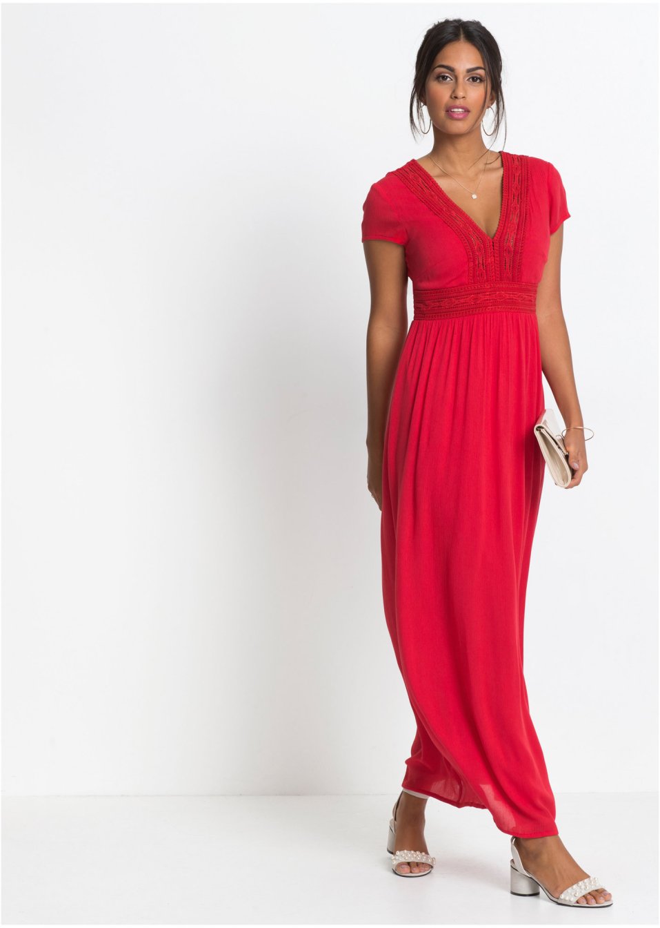 Robe longue estivale à dentelle, taille courte