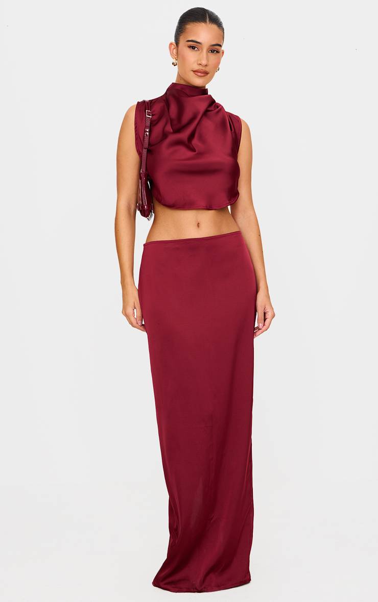 Rouge Bordeaux Jupe Longue Satinée Taille Mi-haute Ensemble Coordonné