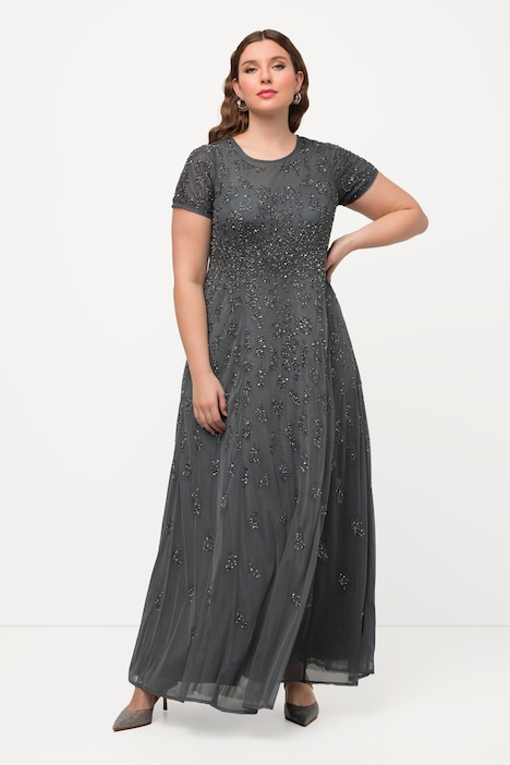 Meshkleid, Perlenstickerei, Rundhals, Halbarm
