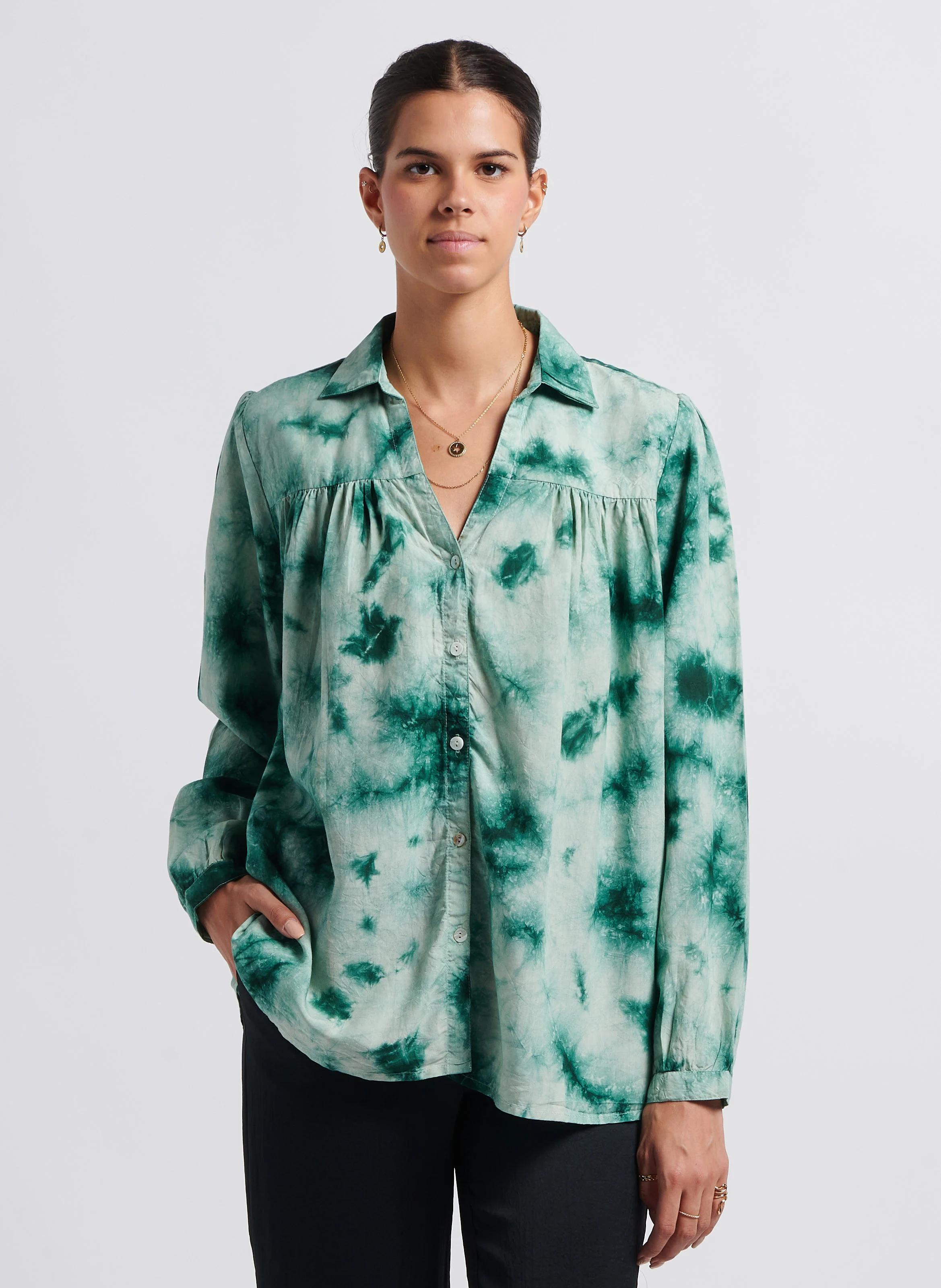 OTIS - Blouse col V à revers imprimée| Vert