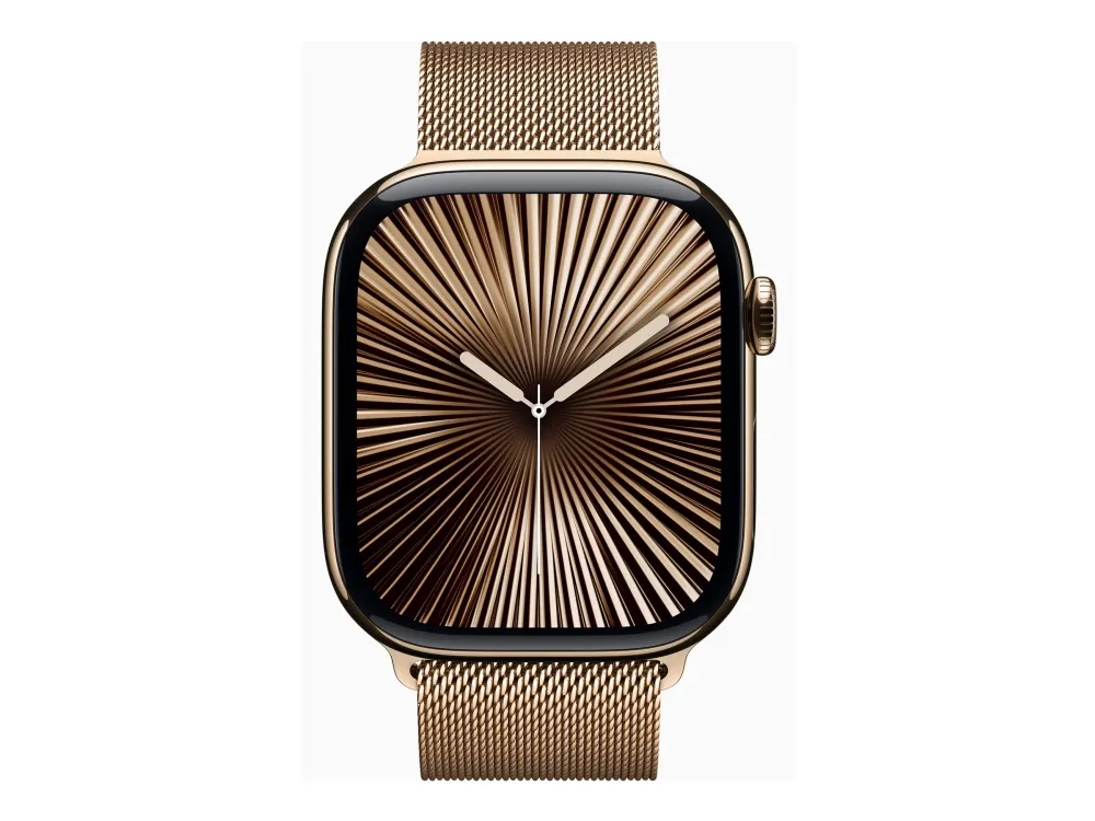 Apple Watch Series 10 (GPS   Cellular) - 46 mm - guld titanium - smart ur med milanesisk løkke - rustfrit stålnet - guld - båndstørrelse: S/M - 64 GB - LTE, Wi-Fi 4, UWB, Bluetooth - 4G - 41.7 g