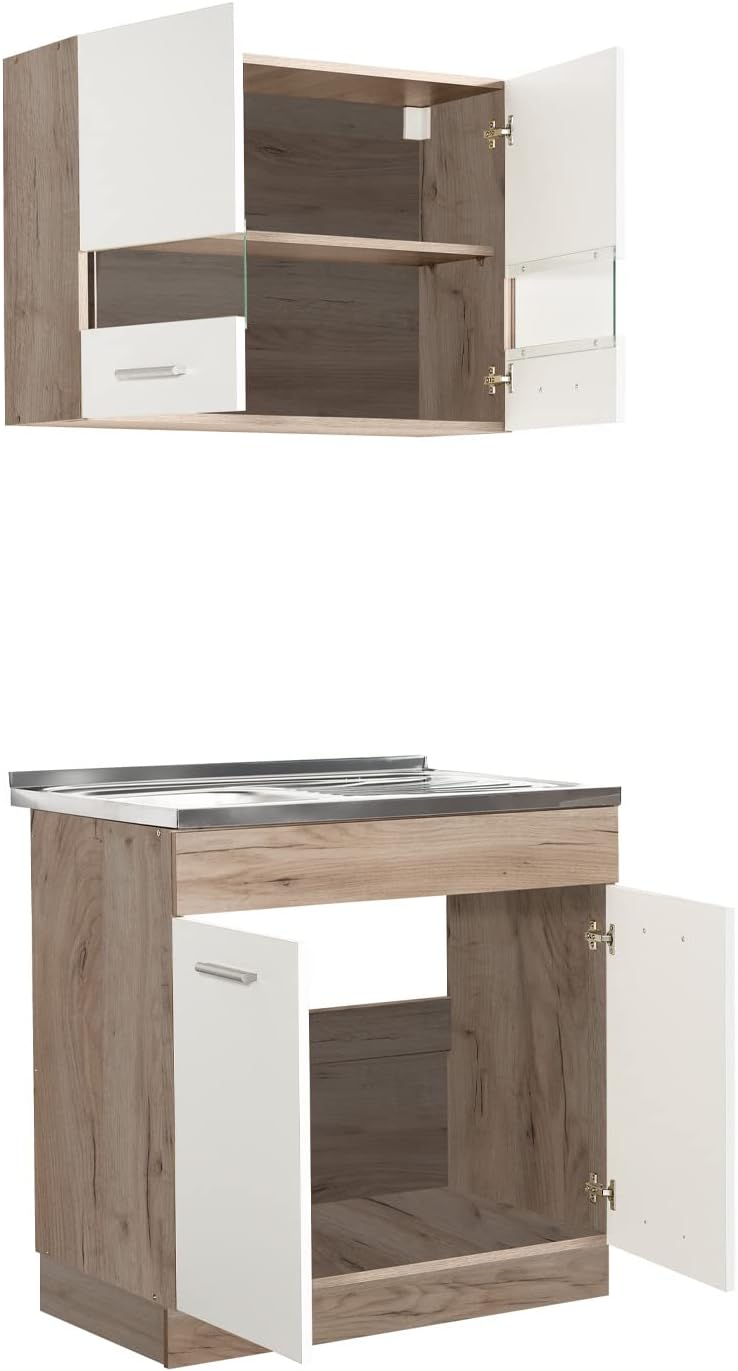 Homestyle4u 2323, Küche Küchenzeile Küchenblock Eiche Holz Weiß Einbauküche Single Küchen Schränke 80 cm