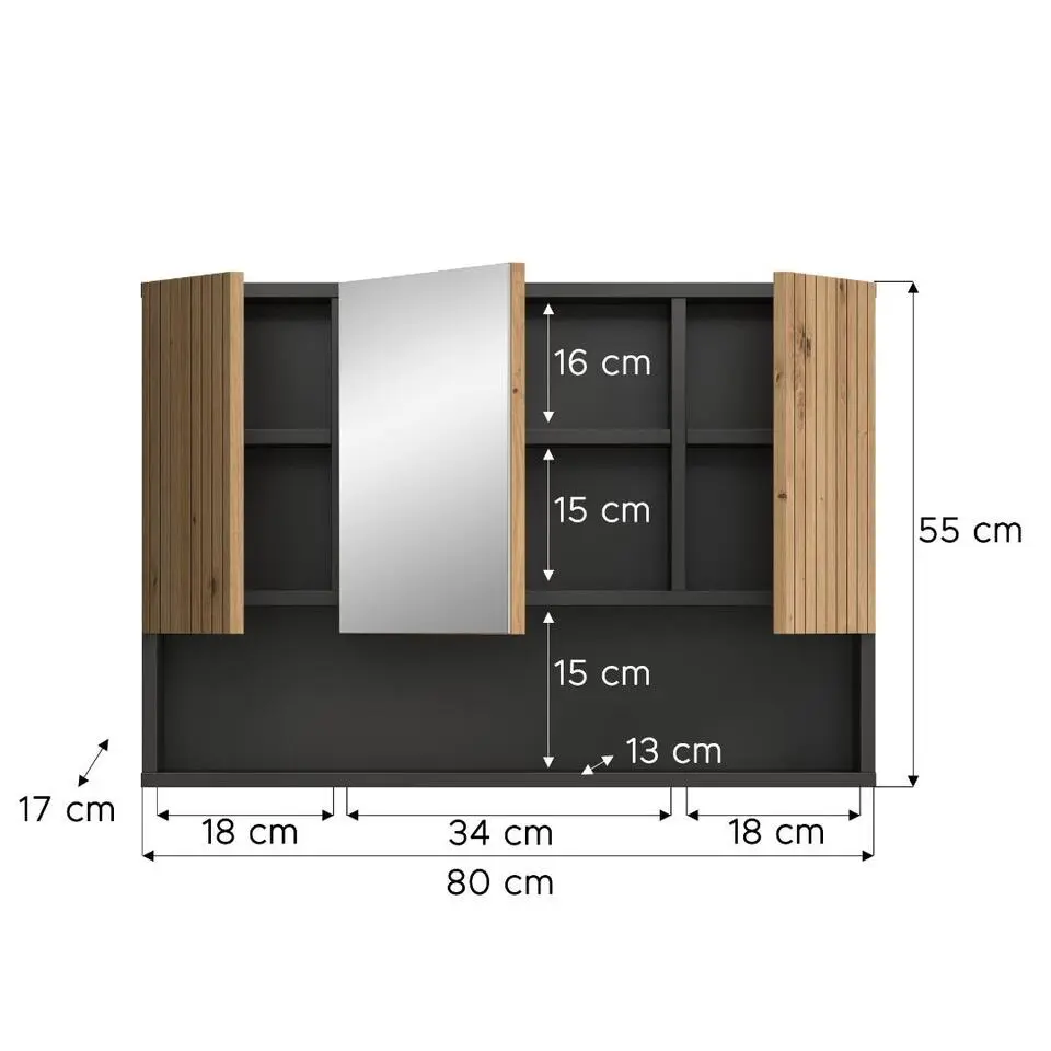 Hioshop Mone spiegelkast 2 deuren- 1 spiegeldeur- 1 plank eiken decor-