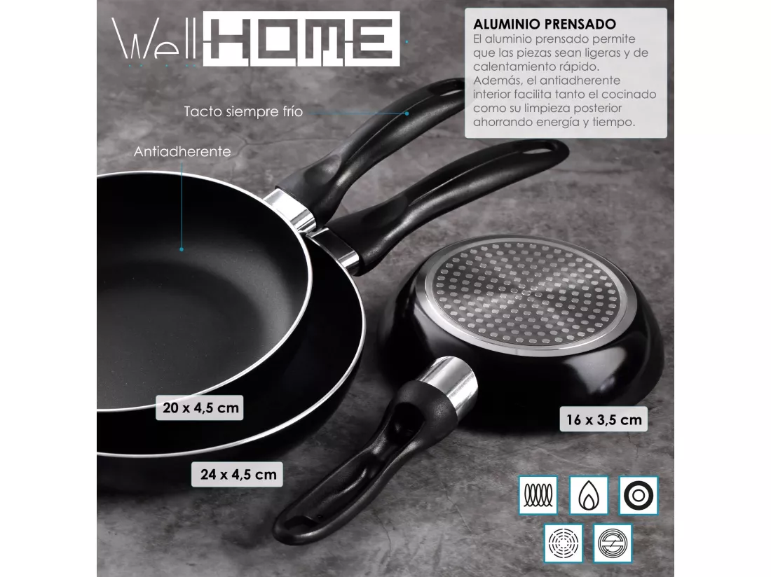 Coffret 3 poêles Ø16Ø20Ø24 aluminium embouti + Coffret 24 couverts inox chromé