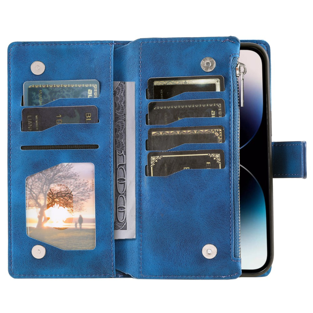 iPhone 16 Pro Leder Tasche Flip Cover mit Reissverschluss - Mandala Flowers Imprint - Blau