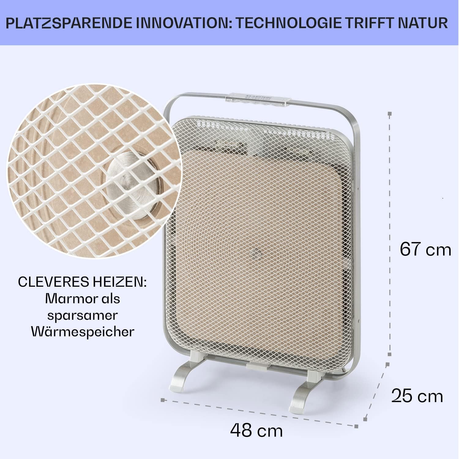 KLARSTEIN HeatPal – Elektroheizung, extra flach, Infrarotheizung, Heizpanel, 1300 W, bis zu 30 m², Wärmespeicherung, Marmorplatte – gebürstetes Aluminium