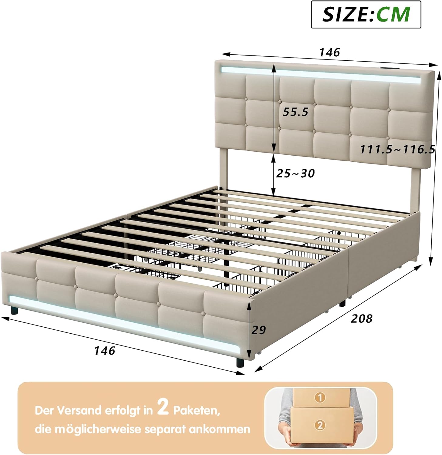 Polsterbett Doppelbett Stauraumbett Funktionbett mit USB-Laden und Stauraum am Kopfteil,Leinen,140x200 cm (Beige)