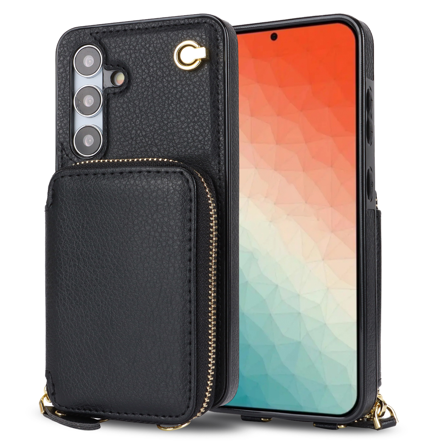 Samsung Galaxy S24  Plus Necklace Leder Schutz Hülle mit Kartenfächer   Handykette (140cm) - Schwarz