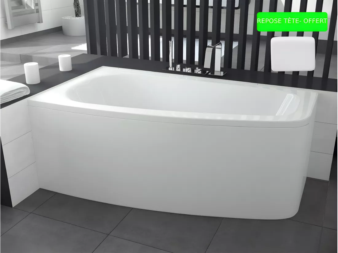 Baignoire asymétrique + tablier blanc + repose tête - LUNA - 150 x 80 cm - Gauche