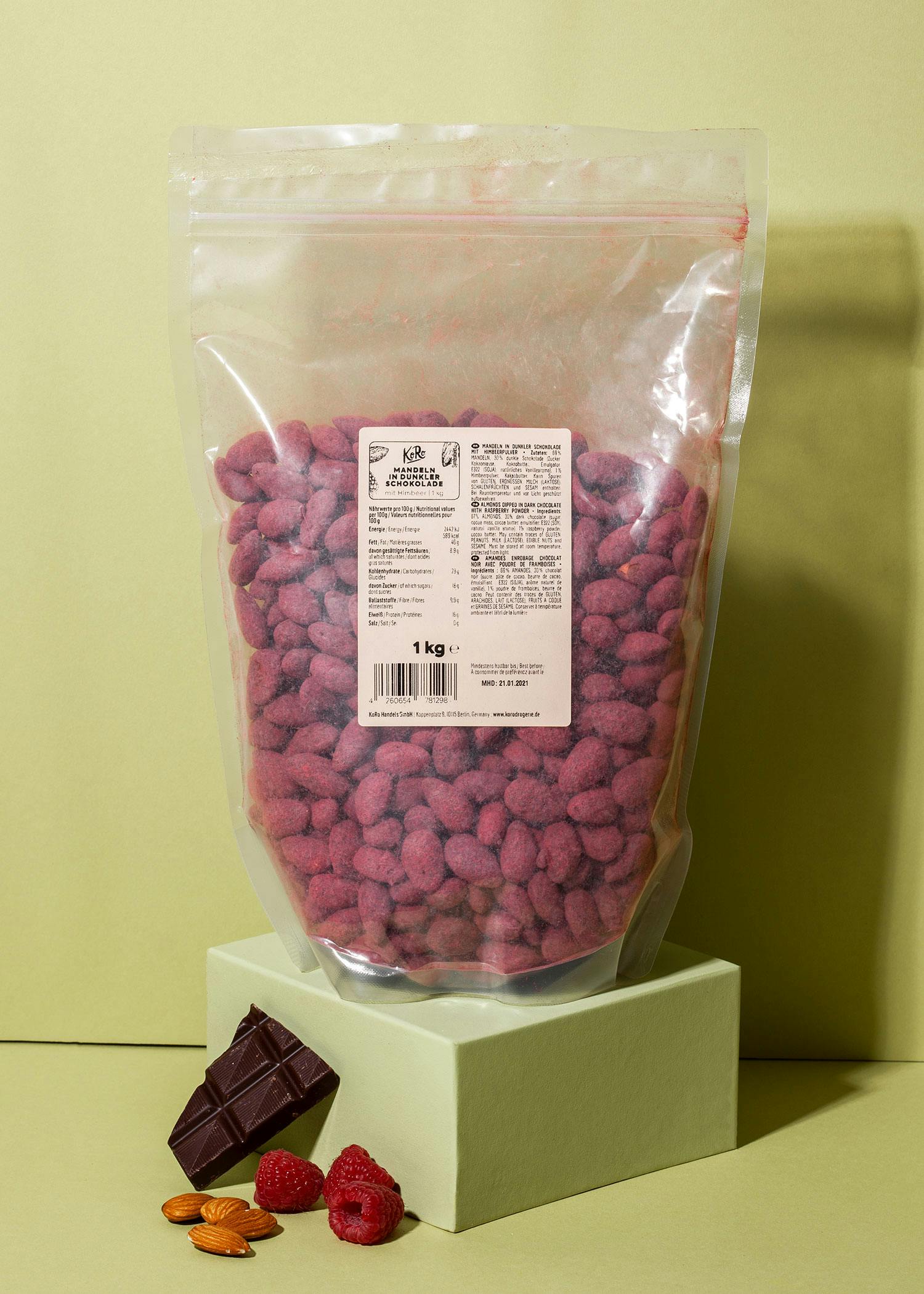 Skinny Dipped Mandeln in dunkler Schokolade mit Himbeerpulver 1 kg