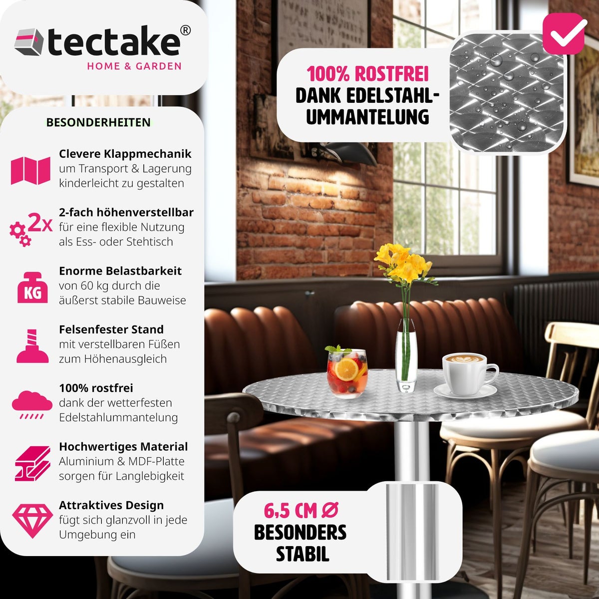 Aluminium bistrotafel Ø60cm, opvouwbaar, in hoogte verstelbaar