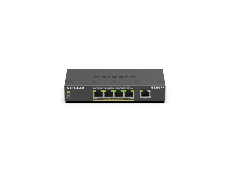 Netgear PoE  Switch GS305PPv3 5 Port, PoE Budget: 83 W Kompakter, lüfterloser 5-Port Gigabit PoE   Switch für kleine Büros, IP-Kameras und VoIP-Telefone