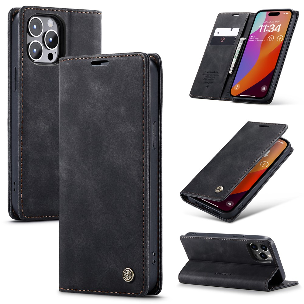 iPhone 16 Pro Max Leder Tasche Flip Wallet Etui mit Kartenfächern - Schwarz