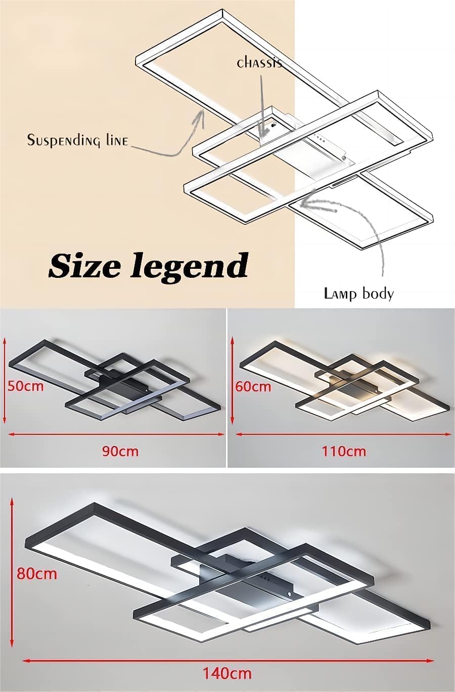LED Deckenleuchte Schwarz Modern Deckenlampe Wohnzimmer (110x60x9cm), Dimmbar Wohnzimmerlampe mit Fernbedienung, Schlafzimmerlampe, Groß Deckenbeleuchtung Wohnzimmer Schlafzimmer Büro
