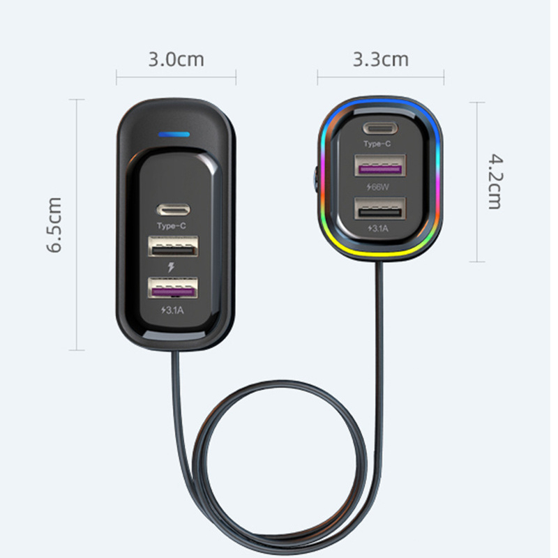 (1.5m) 66W/3.1A 2x USB C / 4x USB A Auto KFZ Ladegerät mit LED Beleuchtung - Schwarz