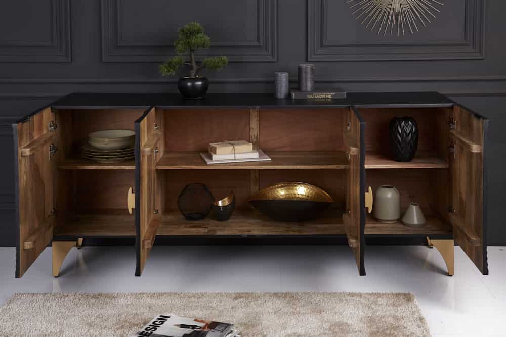 Handgearbeitetes Sideboard GOLDEN SUNSET 180cm schwarz mit 3D Schnitzereien gold Mangoholz Metallbeine