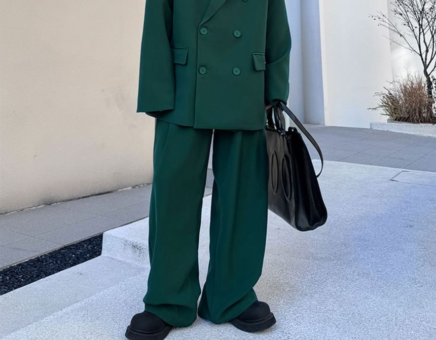 Omozando - Set: Effen dubbelrijs blazer + Hoge taille wijde broek