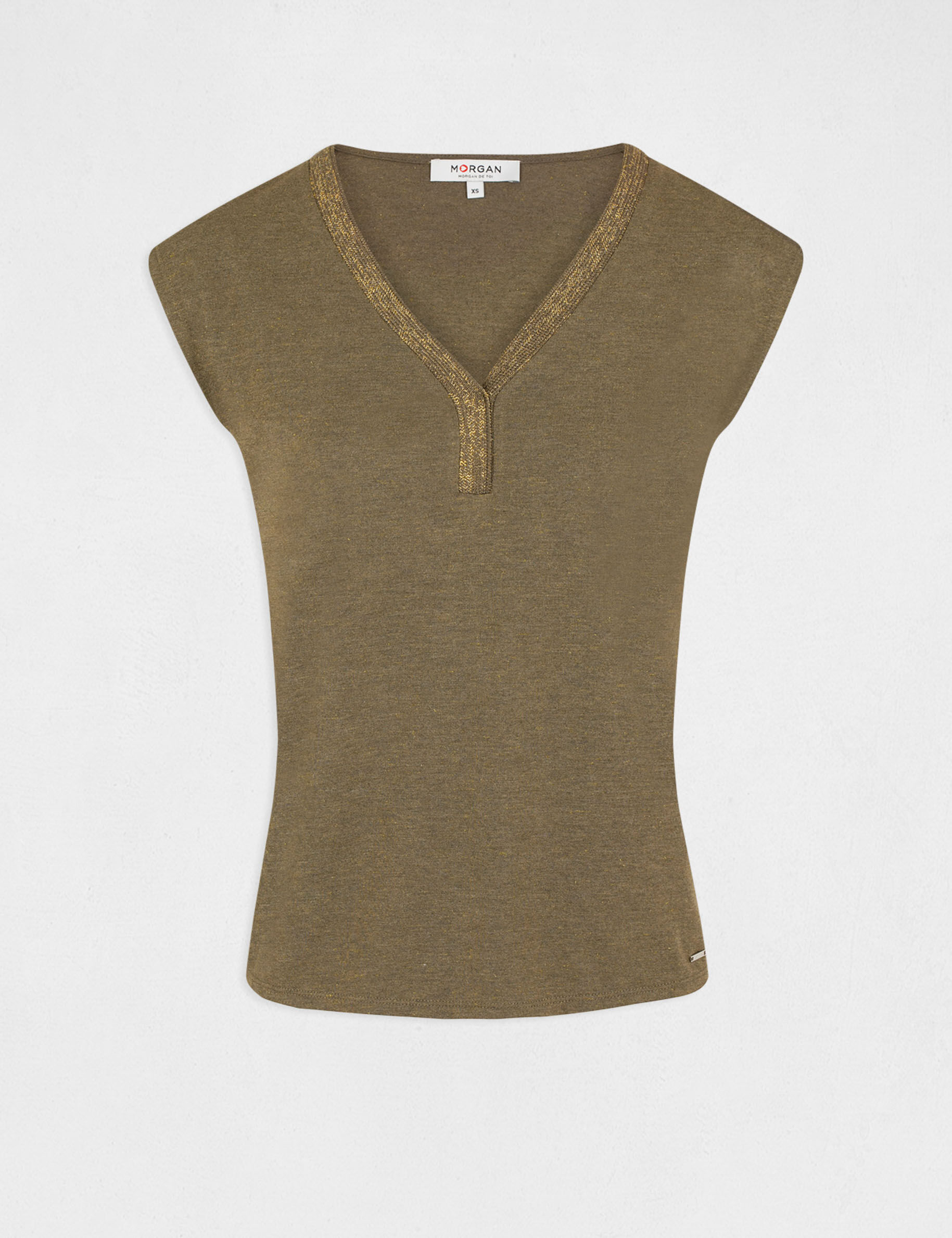 T-shirt manches courtes bande encolure vert kaki femme - vert_kaki