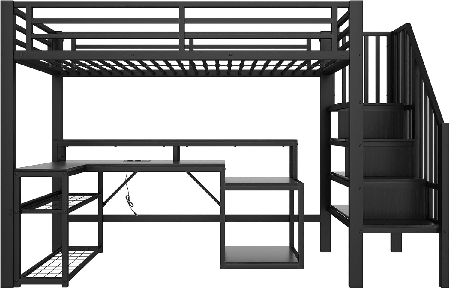Kinderbett Hochbett 90x200 cm,Metallbett mit LED-Lichtleiste und USB-Anschluss,mit Treppe und Rausfallschutz,Treppenkonstruktionen mit Stauraum,Jugendbett,Spielbett,ohne Matratze (Schwarz, 90×200cm)