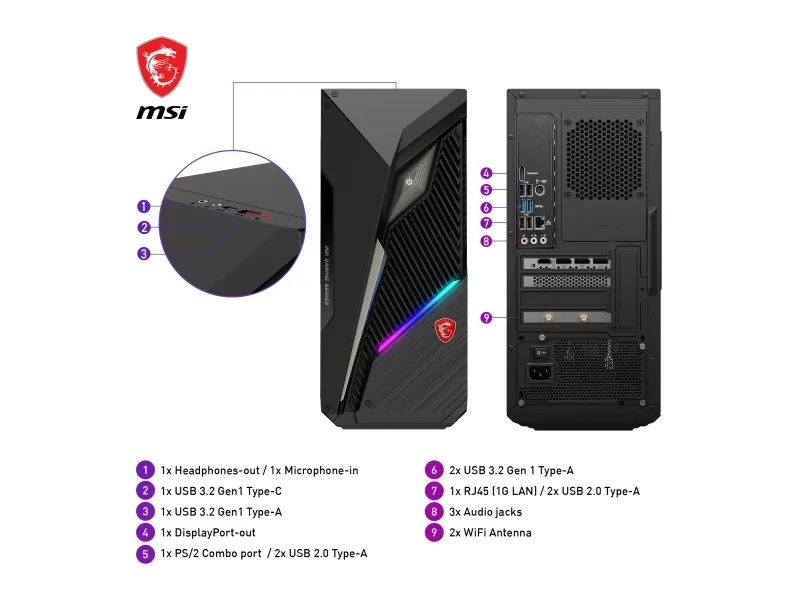 MSI - Tower gaming - i5-14400F / op til 4.7 GHz - Windows 11 Home - RAM 16 GB - SSD 1 TB - NVMe - Gigabit Ethernet - skærm: ingen - sort