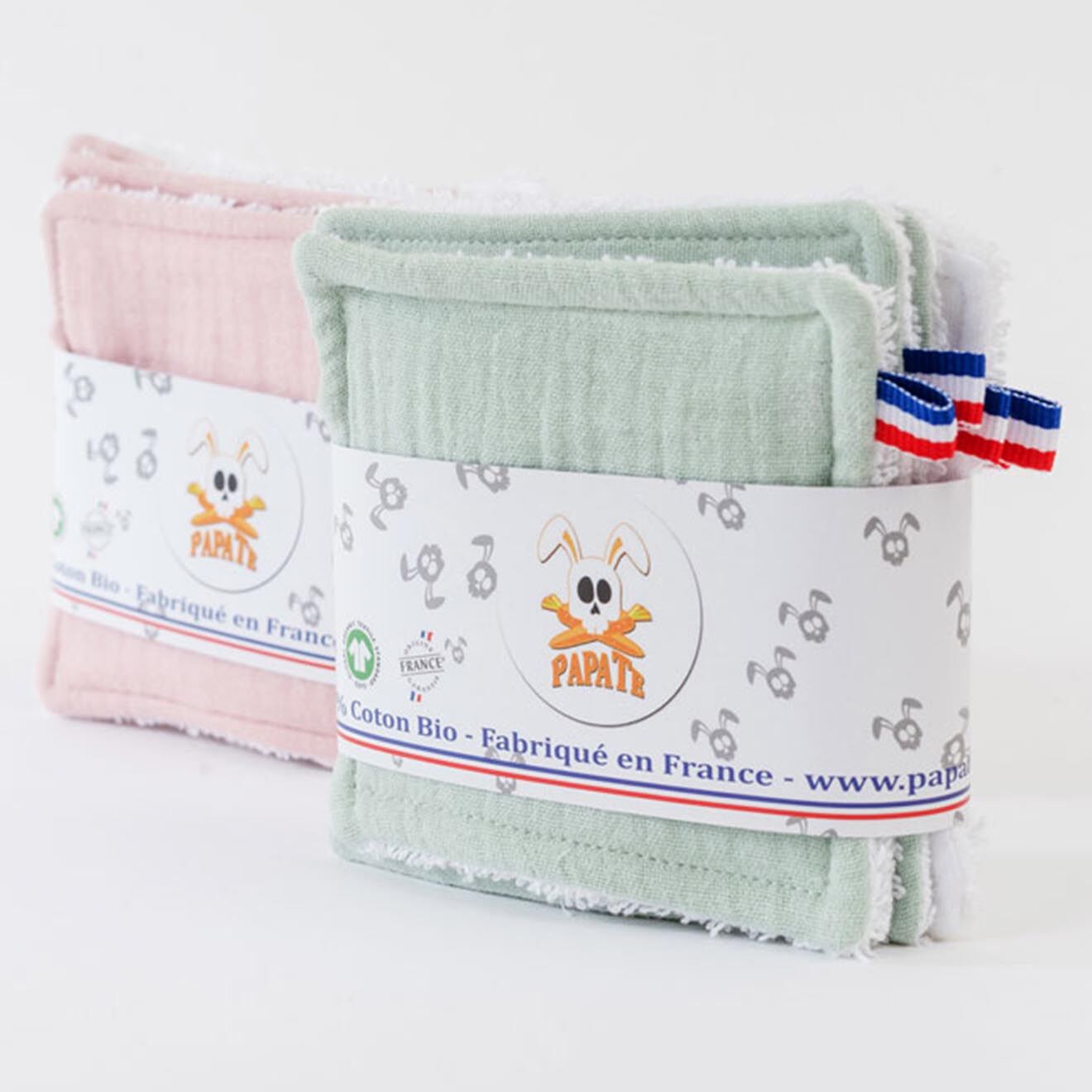 Papate Lingettes lavables en Coton Bio blanc/vert - 10x10 cm