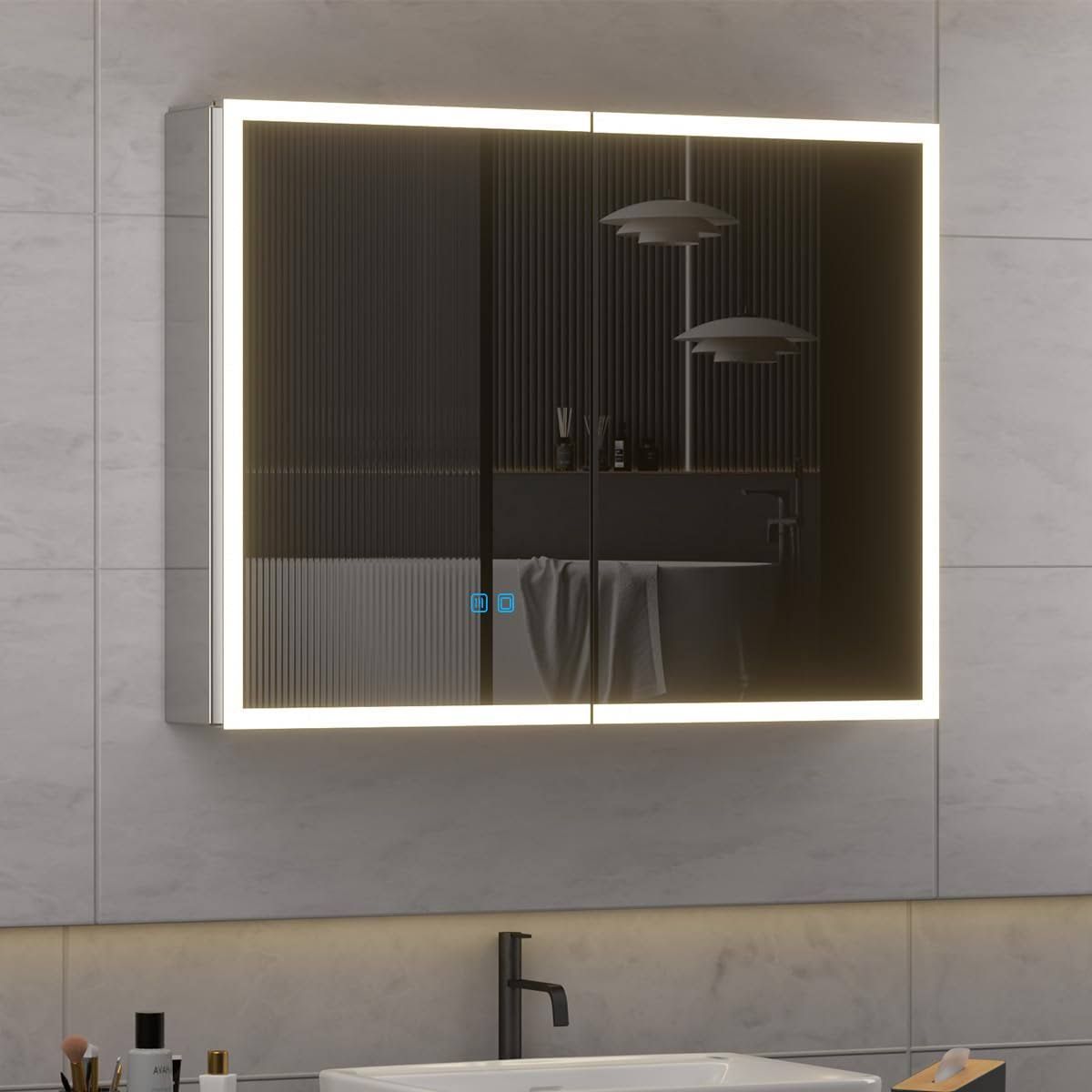 Mutital Spiegelschrank, Badezimmerschrank mit Spiegel, (80 x 60 x 13 cm), Badezimmerspiegelschrank aus Edelstahl-Metall, 2-türiger Badezimmerschrank