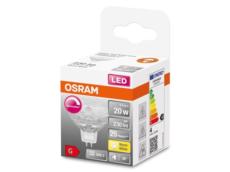 OSRAM Lampe Superstar Mr 16 20 36 °, 3.4W, GU5.3, Dim, Warm Dimmbare Niedervolt-LED-Reflektorlampen MR16 mit Retrofit-Stecksockel