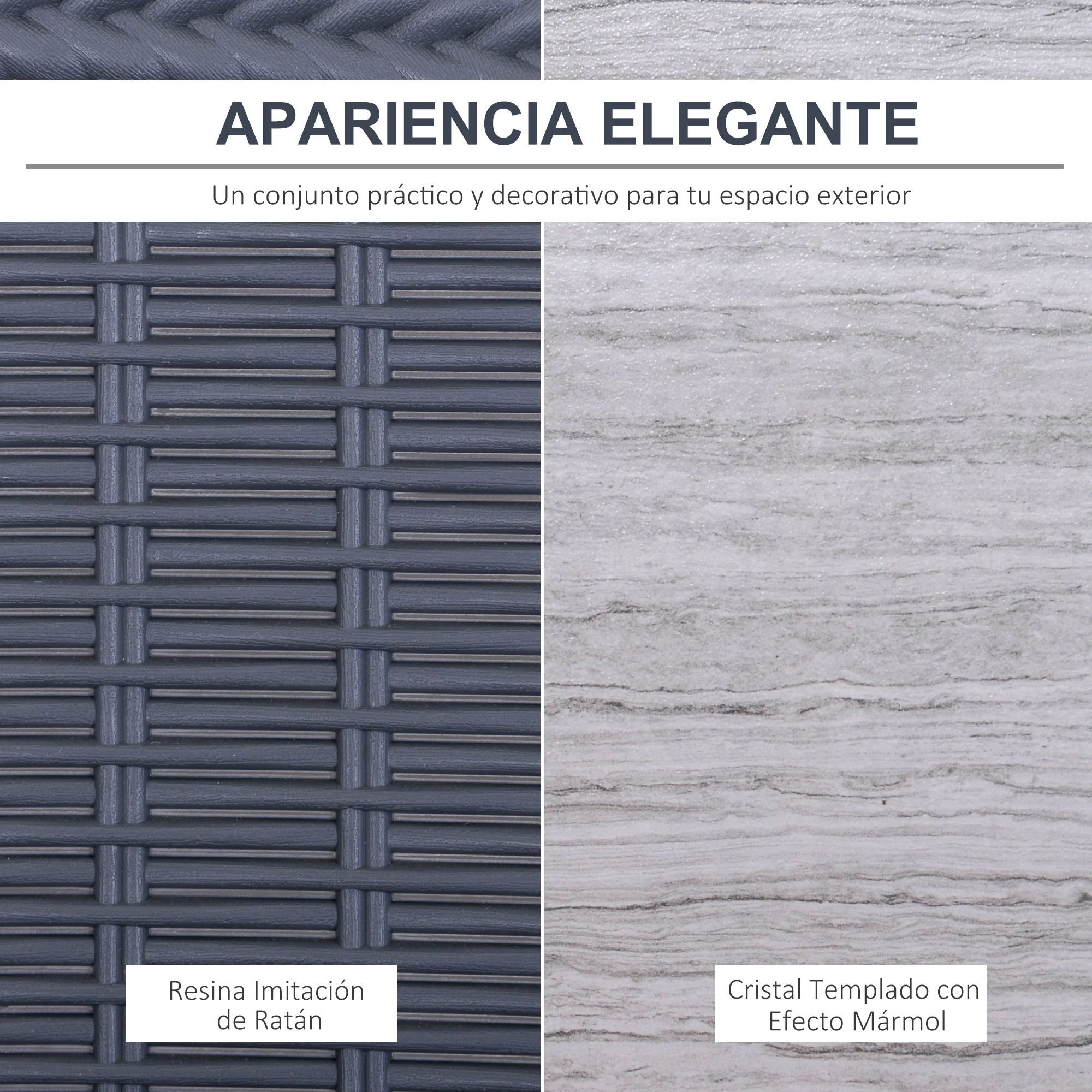 Conjunto de móveis de jardim Outsunny de 3 peças, composto por 2 cadeiras e uma mesa com tampo de vidro temperado com efeito mármore.