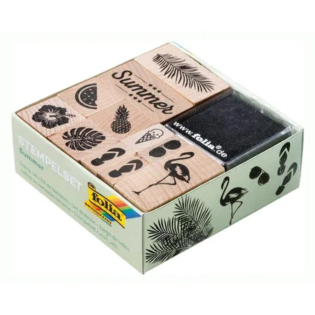 Folia Holzstempelset Summer, inklusive 11 Holzstempel und 2 Stempelkissen