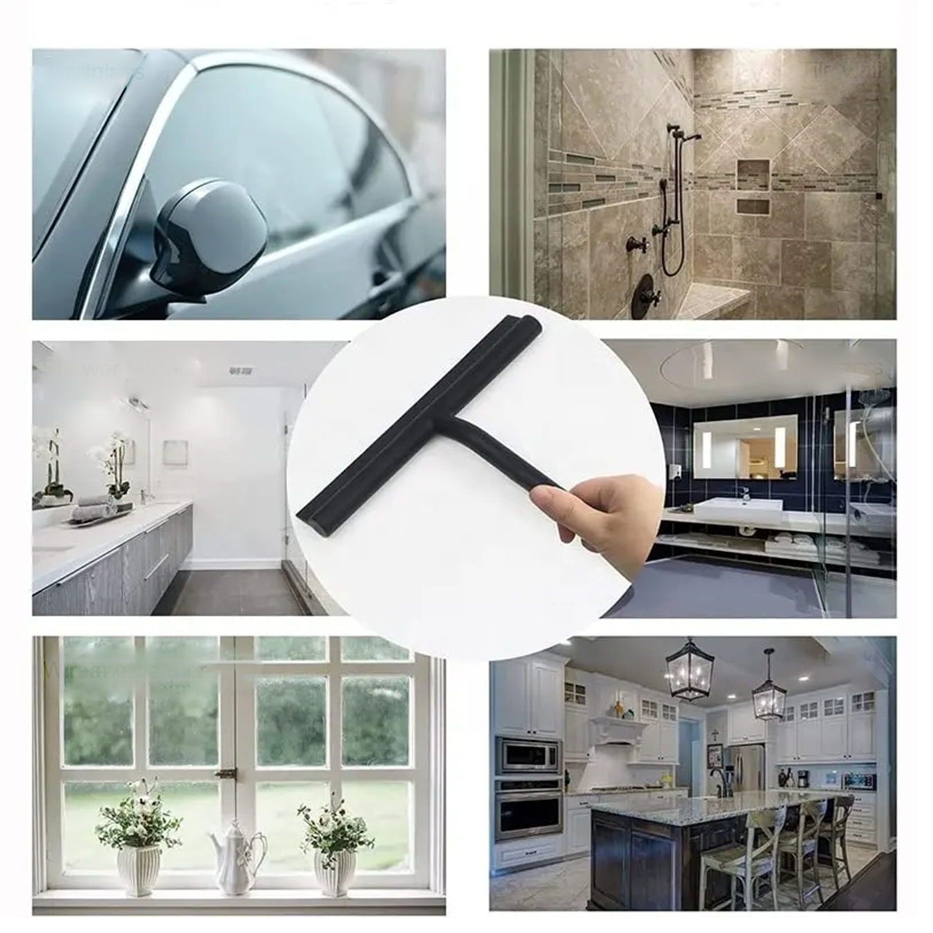 (2-tlg. Set) 21cm Silikon Duschabzieher Badezimmer Glasschaber Fensterwischer   Halterung - Schwarz