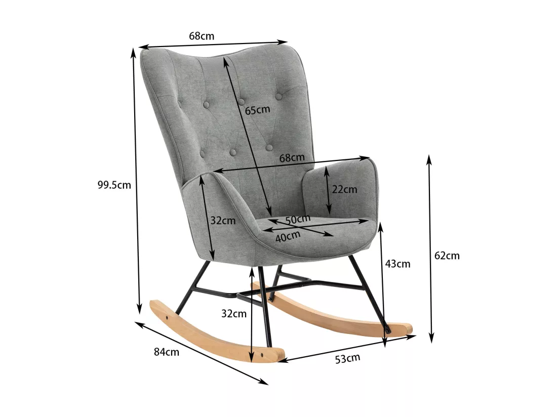 Fauteuil à Bascule Allaitement Scandinave Chaise Loisir et Repos en Tissu avec Pieds en E' Bois Métal pour Salon, Chambre, Massif, Gris Clair