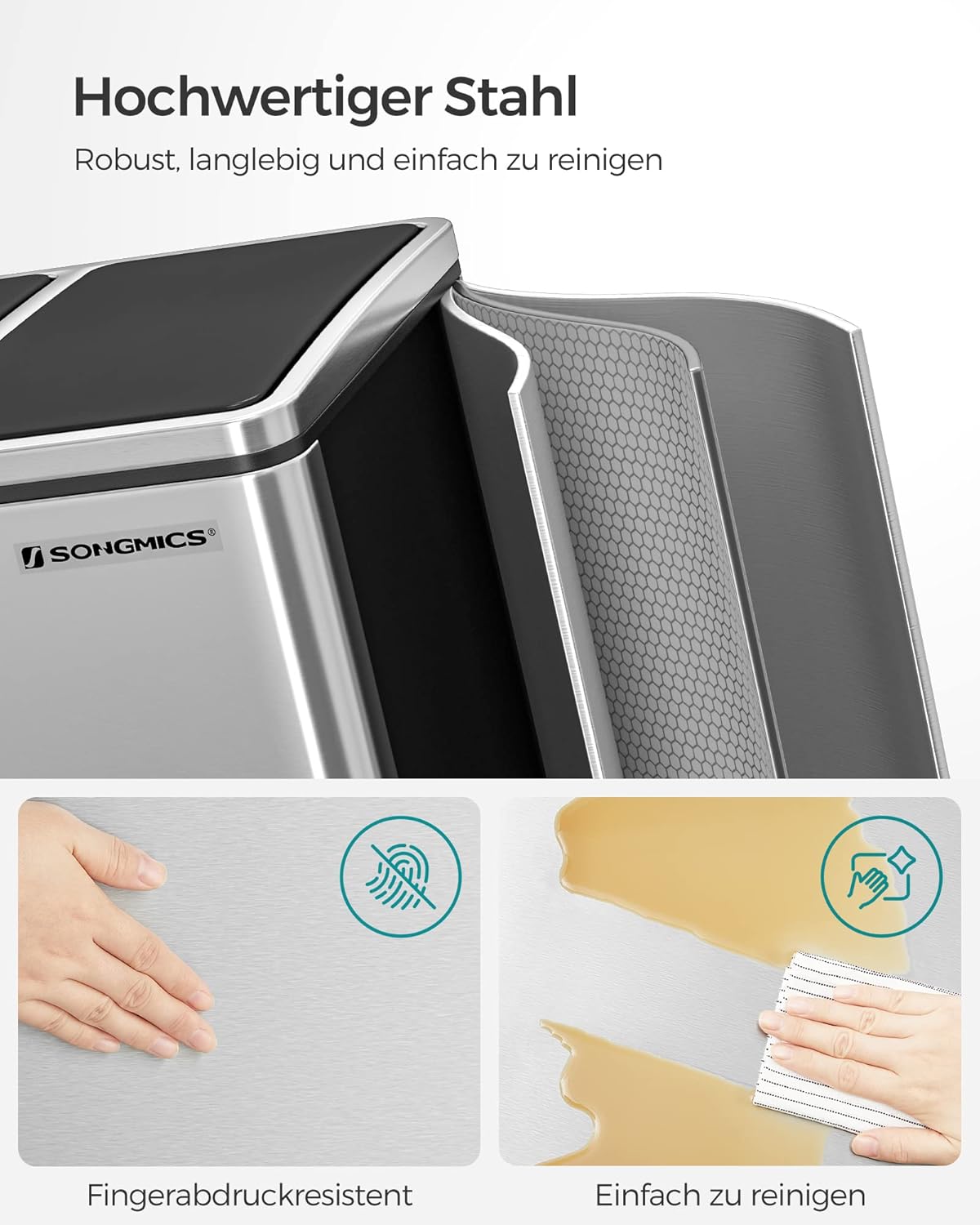 SONGMICS Mülleimer Küche, 3 x 18 L, Mülltrennsystem 3 Fächer, inklusive 15 Müllbeutel, Abfalleimer, Treteimer, für recycelbare Abfälle, Biomüll, mit Deckel, metallicsilber-tintenschwarz LTB54NL