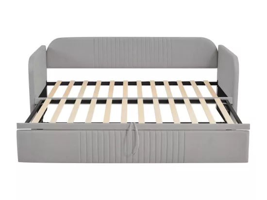 Lit gigogne 90-180x190cm, canapé-lit capitonné à rayures verticales, avec sommier à lattes, sans matelas, tissu en lin, gris clair