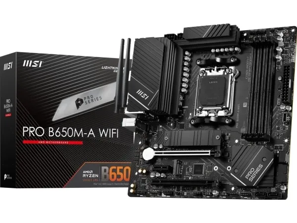 MSI PRO B650M-A WIFI - Bundkort - micro ATX - Socket AM5 - AMD B650 Chipset - USB-C 3.2 Gen2, USB 3.2 Gen 2, USB 3.2 Gen 1 - 2.5 Gigabit LAN, Wi-Fi 6E, Bluetooth - onboard grafik (CPU påkrævet) - HD Audio (8-kanaler)