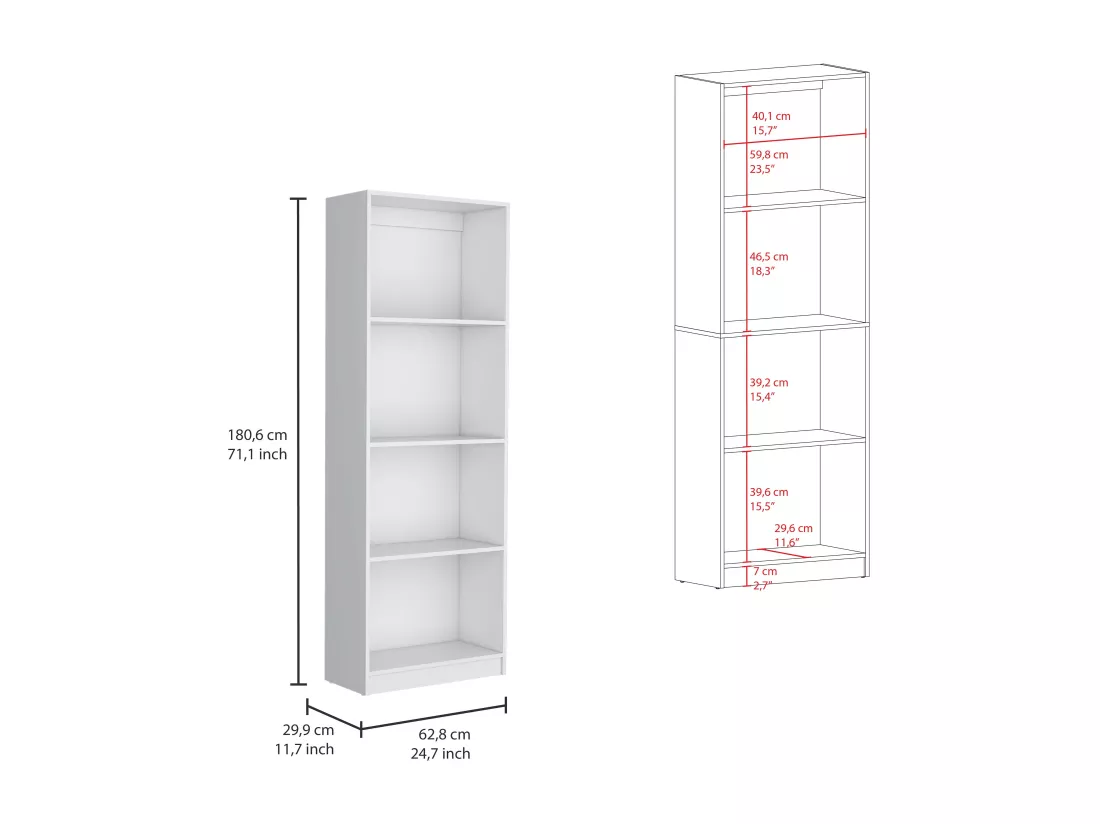 Bibliothèque Home Office en mélamine avec 4 étagères ouvertes, 180.60 cm X 62.73 cm X 29.71 cm , Blanc