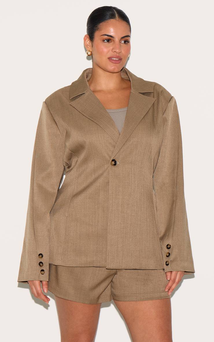 Light Brown Short Tailleur Tissé Grande Taille Coordonné