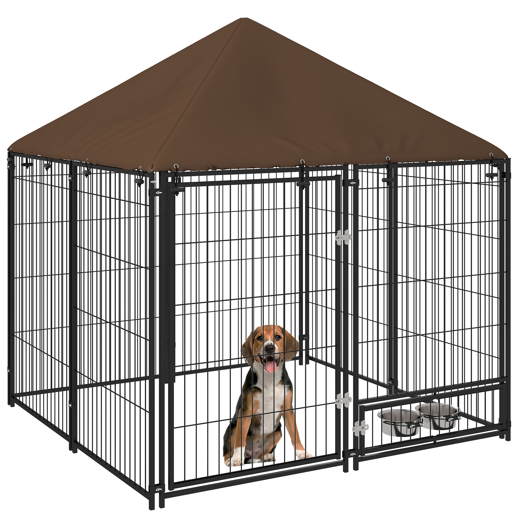 Canil PawHut com cobertura, cercado metálico para cães com suporte giratório para comida e 2 comedouros para pátio, jardim e terraço, 141x141x151 cm, preto