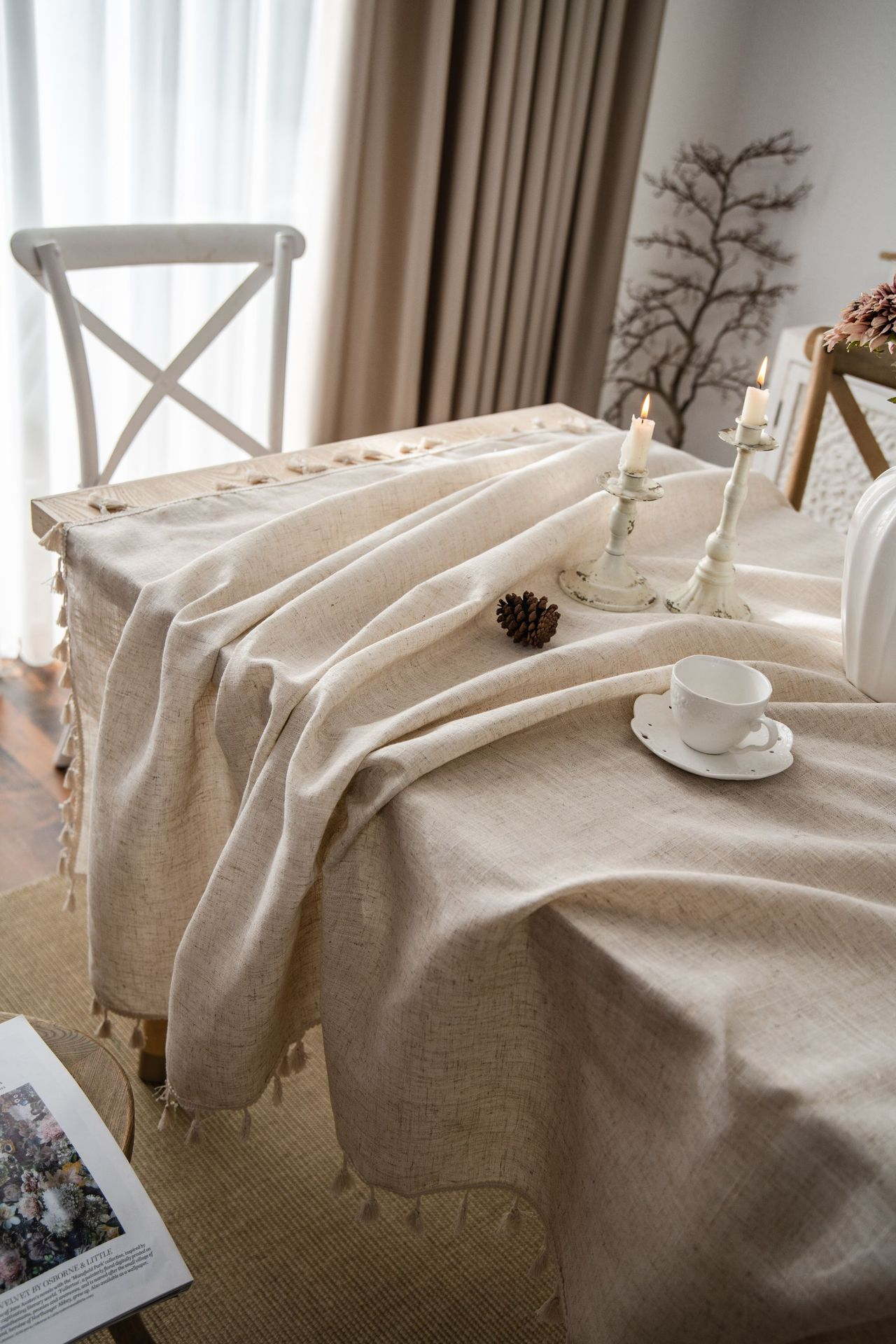 (140x260cm) Canvas Tischdecke Esszimmer Boho Deko Hygge Lifestyle Tisch Tuch mit Quasten - Beige