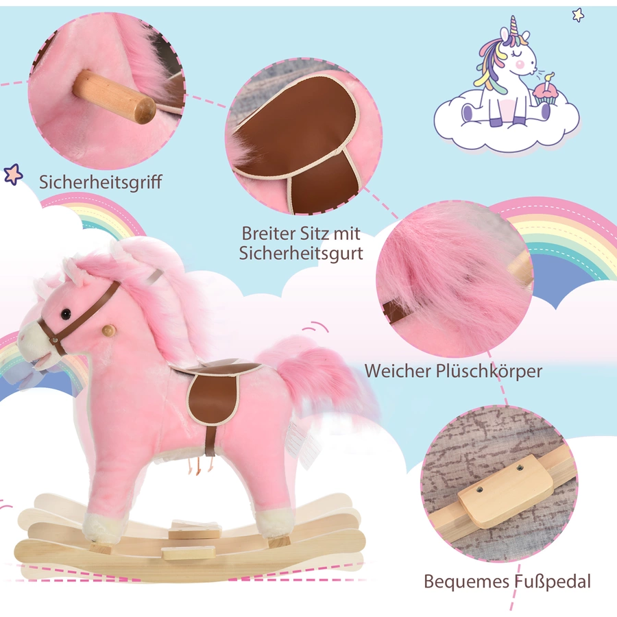 HOMCOM Kinder Schaukelpferd mit Tiergeräusche rosa