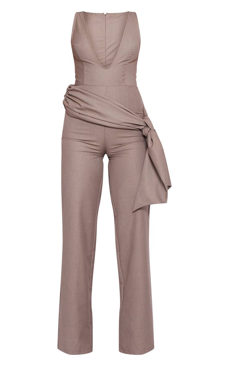 Taupe Combinaison-pantalon Ceinturée Cache-cœur Plongeant Tissée Ajustée