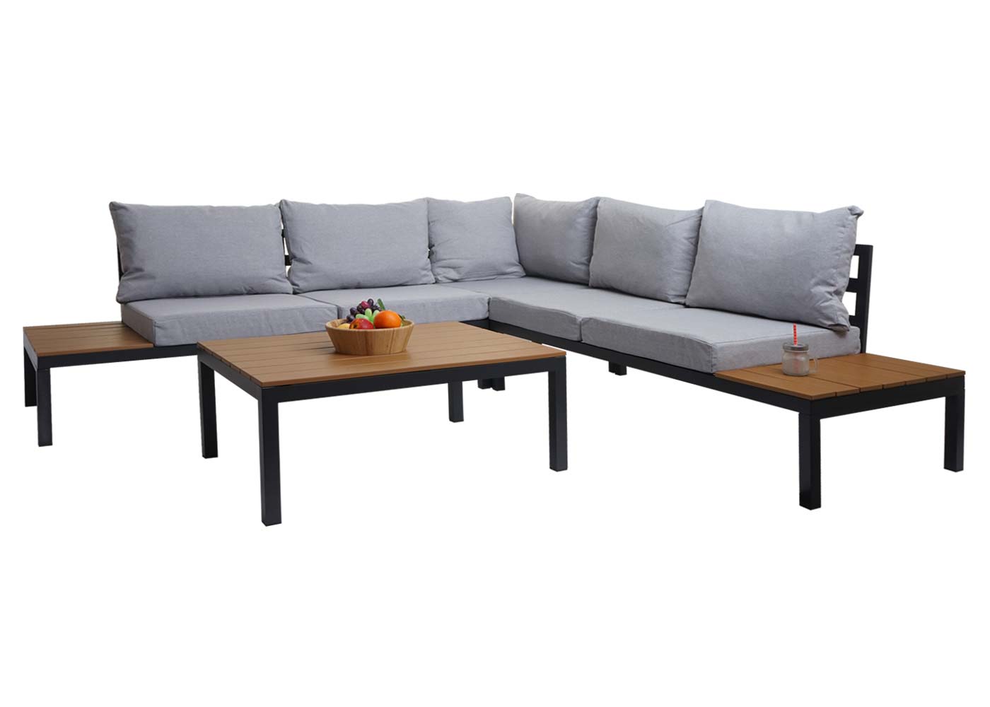 Garten Garnitur MCW-H54b, Garnitur Sitzgruppe Garten-/Lounge-Set Sofa, Olefin Holzoptik Alu ~ Polster hellgrau