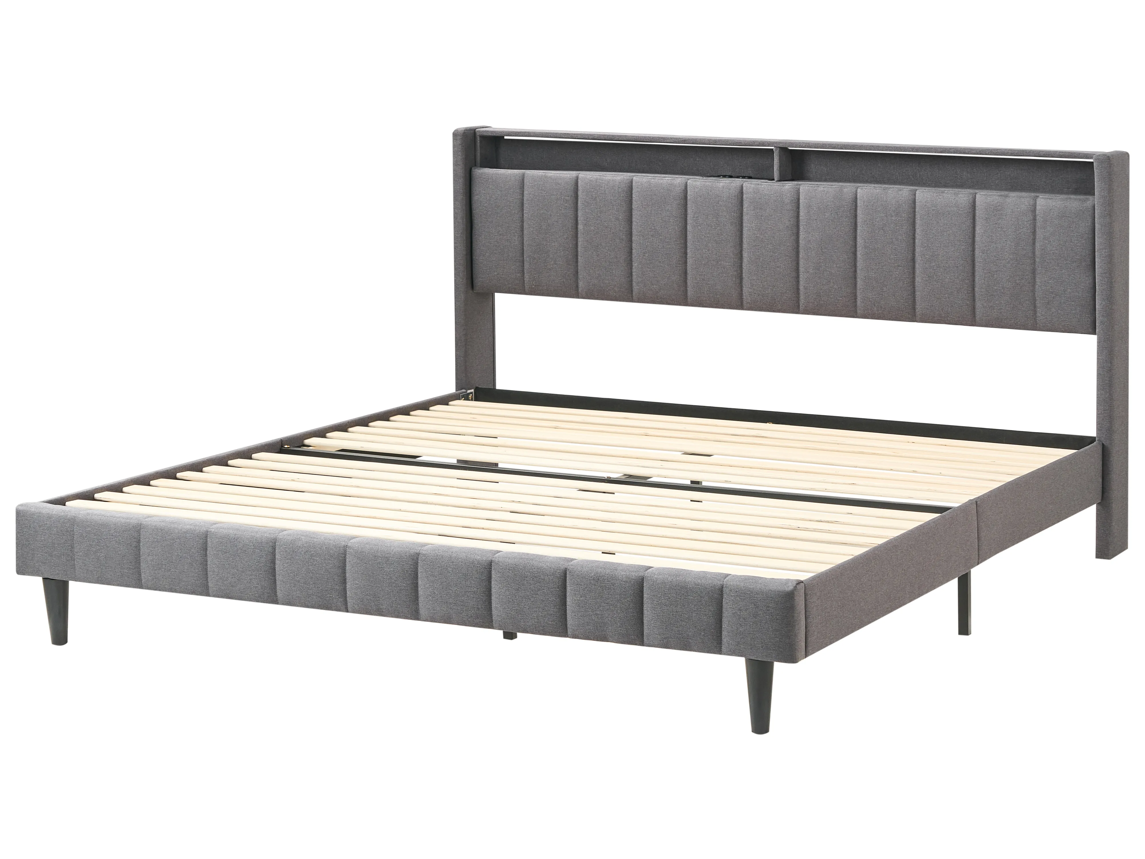 Bed met LED-verlichting Stof BEAULIEU 180 x 200 cm met opbergruimte met USB-poort Donkergrijs