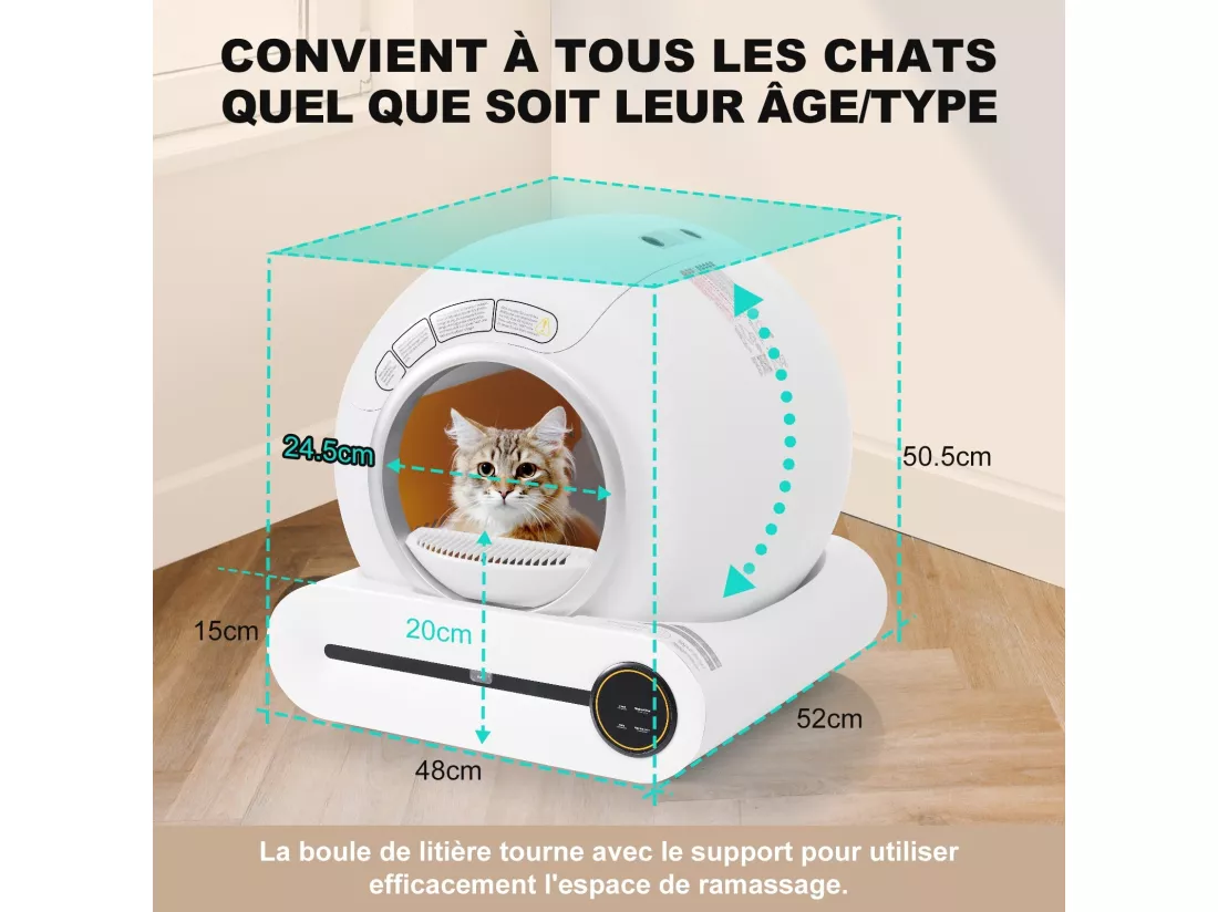 Maison de toilette pour chat, bac à litière, nettoient automatiquement, odeur éliminée, avec capteur infrarouge et APP, 48x52x50.5cm