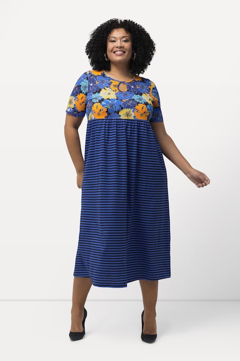 Jerseykleid, Blüten/Streifen, A-Linie, Rundhals, Halbarm