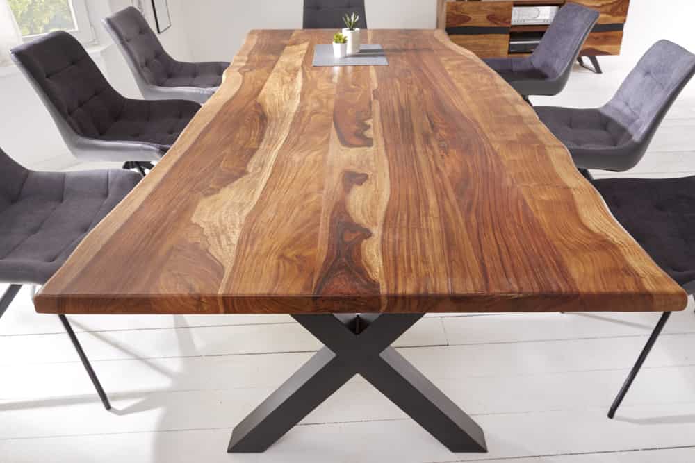 Massivholz Baumkanten Esstisch AMAZONAS 180cm braun Sheesham schwarze Metallbeine