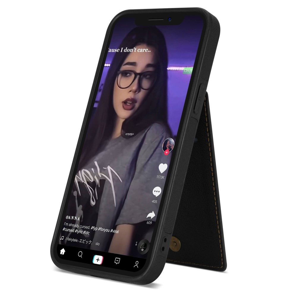 iPhone 15 Pro Hybrid Leder Hardcase Hülle mit Kartenfächer mit Aufsteller (RFID Schutz) - Schwarz